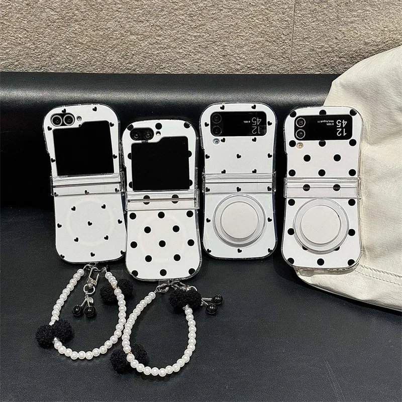 

Black Dots Hearts Phone Stand Case for Samsung Galaxy Z Flip 7 6 5 4 Protective Back Cover for ZFlip5 ZFlip6 ZFlip7 Case Shell