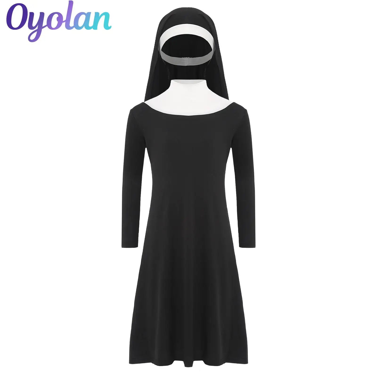 

Религиозный католический костюм монахини для девочек, костюм сестры, традиционная монахиня, эластичный наряд, платье, шляпа монахини, костюм для косплея на Хэллоуин