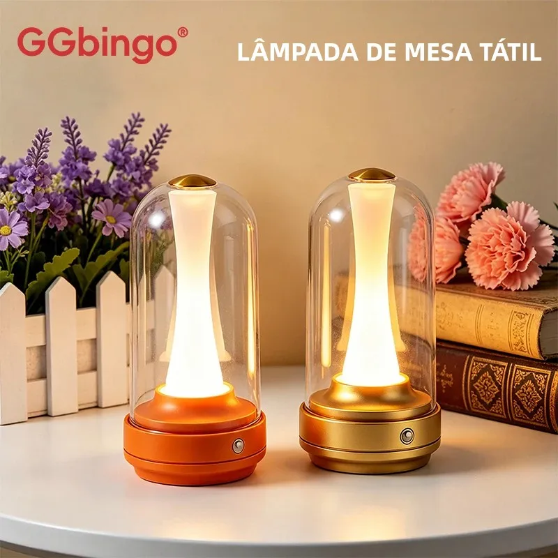 Luminária Noturna Regulável LED Recarregável com Abajur de Vidro Sensível ao Toque, Luz Ambiente para Casa, Mesa de Cabeceira e Cafeteria