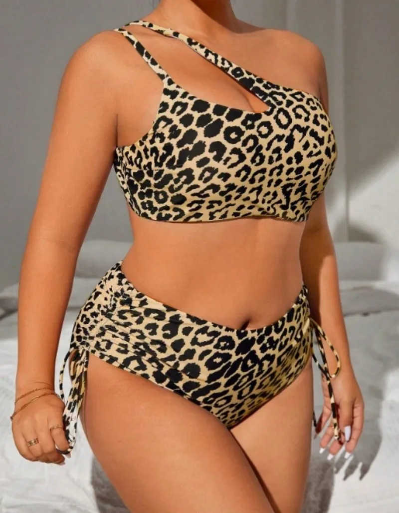 

Новинка 2023 года, стильный комплект бикини, шикарное бикини на одно плечо с леопардовым принтом, боковой галстук, купальник с высокой талией для сексуальных купальников для девочек
