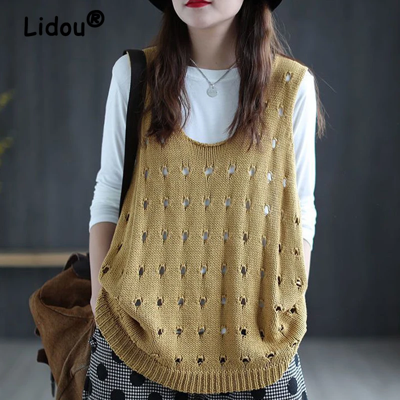 Women Clothing Autumn Vintage Simple Casual Hollow Y2K Sweater Vest Female Solid Sleeveless Loose All Match Knitted Waistcoat