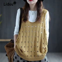 Women Clothing Autumn Vintage Simple Casual Hollow Y2K Sweater Vest Female Solid Sleeveless Loose All Match Knitted Waistcoat