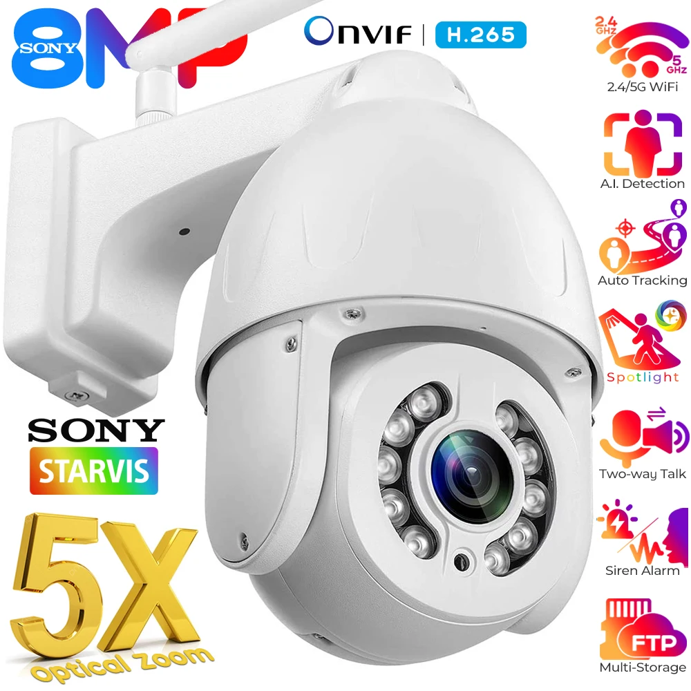 

4K SONY 5X Optical Zoom WiFi PTZ IP Camera Outdoor 8MP 5MP Auto Tracking Security Dome Cameras Color Night Vision Metal CCTV Cam