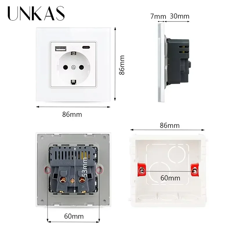 UNKAS Type-C USB لوحة من الزجاج المقسى رمادي الاتحاد الأوروبي / إسبانيا / روسيا مقبس الطاقة الجداري مؤرض مع منفذ شاحن سريع لتوفير الطفل