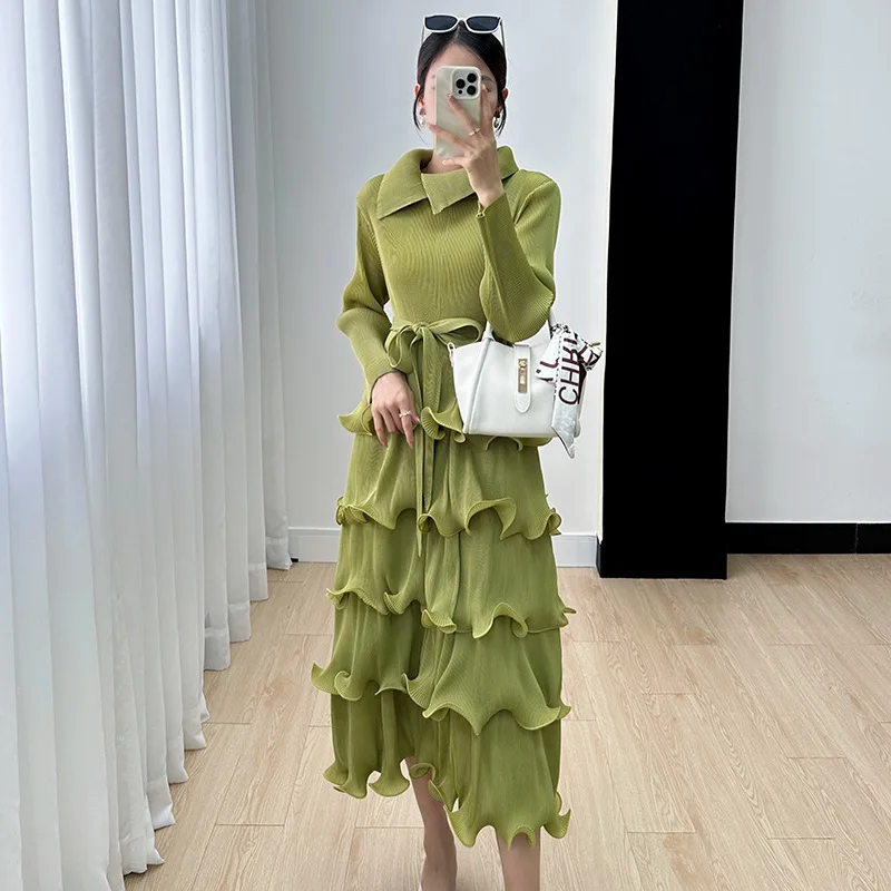 Miyake Dress Women's 2024 Autumn New High End Western Style Age Reducing Cake Skirt Spliced Folded Collar Mid Length Skirt