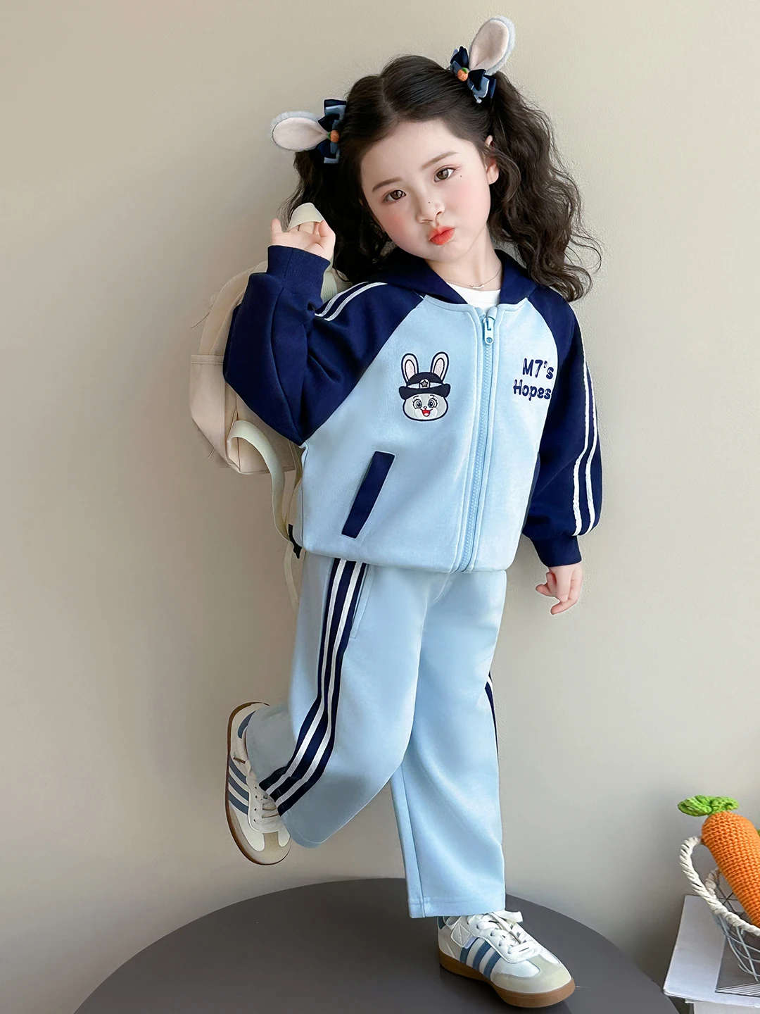 

Girls Spring Faion College Sle Cute Rabbit Jaet Casual Two-Piece Set Breathable Long Sve irt Long Pants