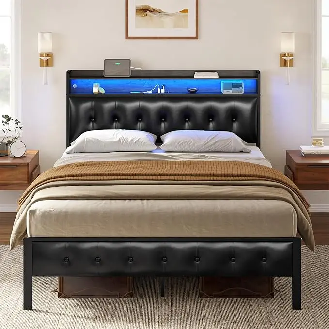 Queen Bed Frame with Storage Headboard & Footboard Upholstered Platform Bed with LED Lights USB Ports Outlets No Box Spring