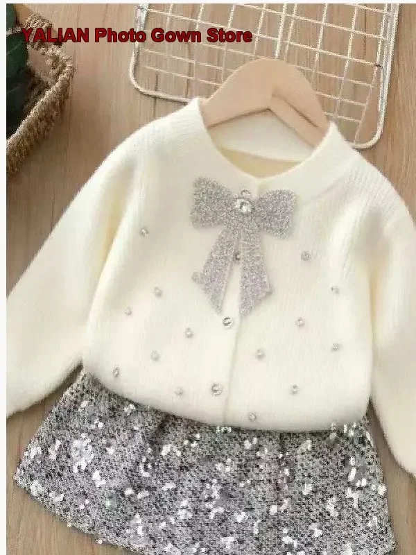 Girls Knit Set Tassels Sequin Applique Elegant Fall Winter Soft Knit Suit