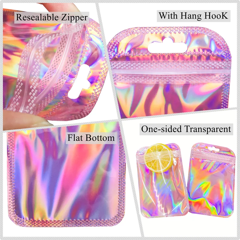 60pcs Holographic Bags Resealable Packaging Bag Rose Pink Foil Pouch Packaging Ziplock Mylar Baggies For Food Storage,Candy