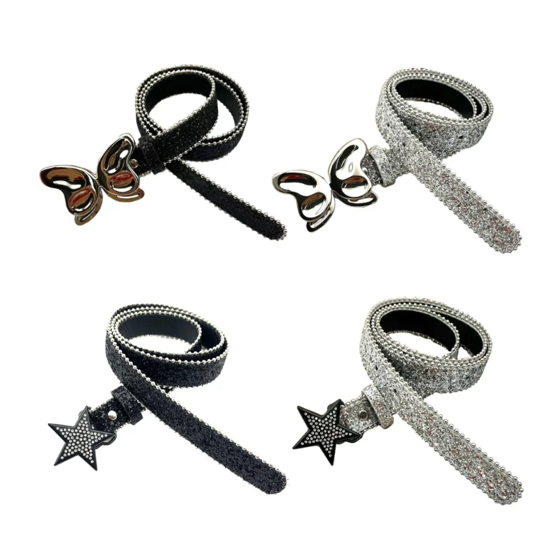 

Women Gothic Sexy Strass Waist Belt Y2K Girls Butterfly/Star Buckle Western Punk Belt Stage Street Dance Decorative Waistband