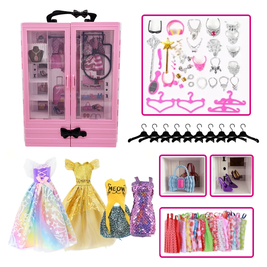 75PCS Wardrobe Set Portable With Doll Clothes and Accessories Hangers Dress Shoes for 11.5in/30cm Dolls Fashion Style Fun Toys