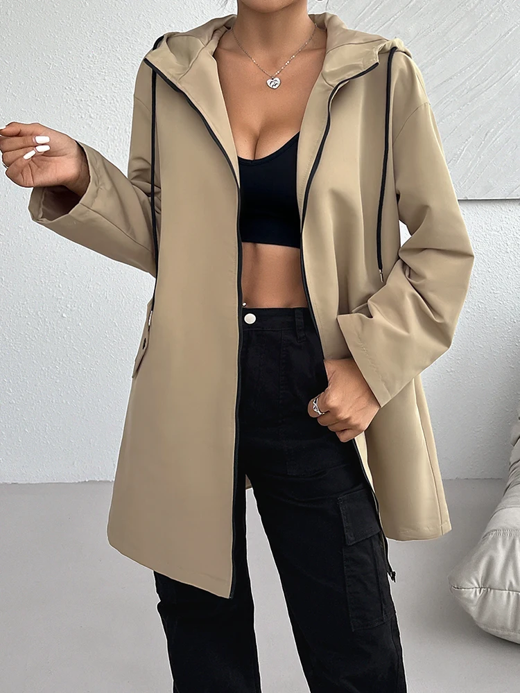 2024 Autumn Winter Mid Long Trend Coat Casual New One Peice Women Trench Coat Front Zipper With Pockets And Hat Outdoor Coat