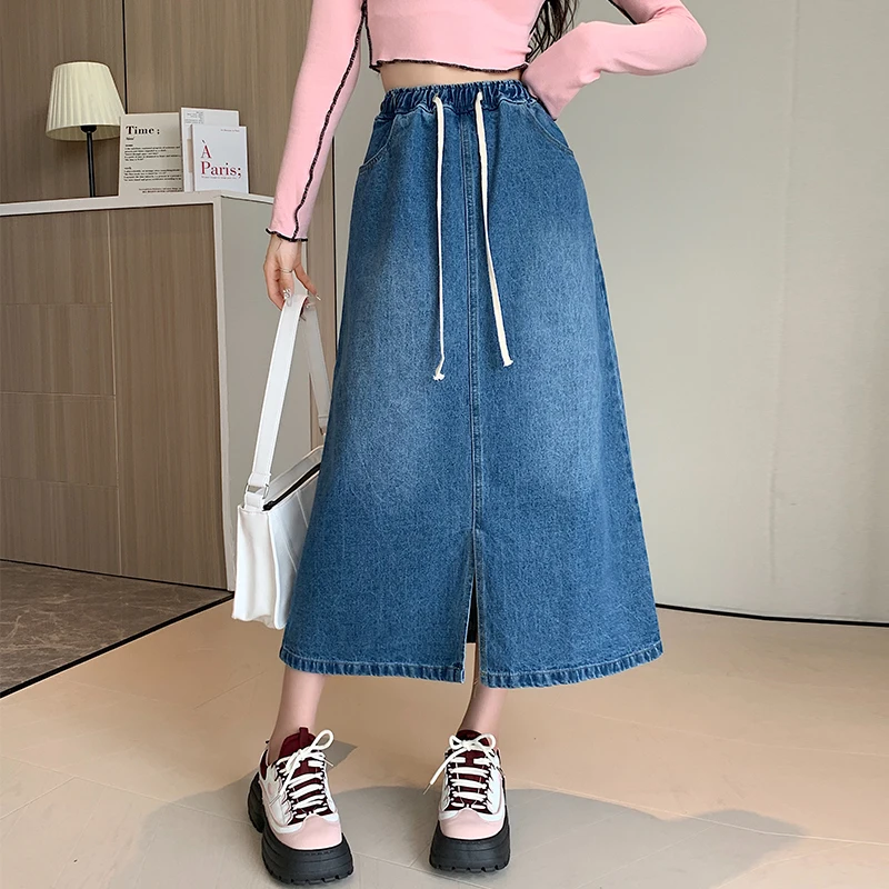 

2024 New Arrival Spring Summer Women All-matched Casual Loose Fit Cotton Denim Elastic Waist Mid-calf Straight Skirt V867