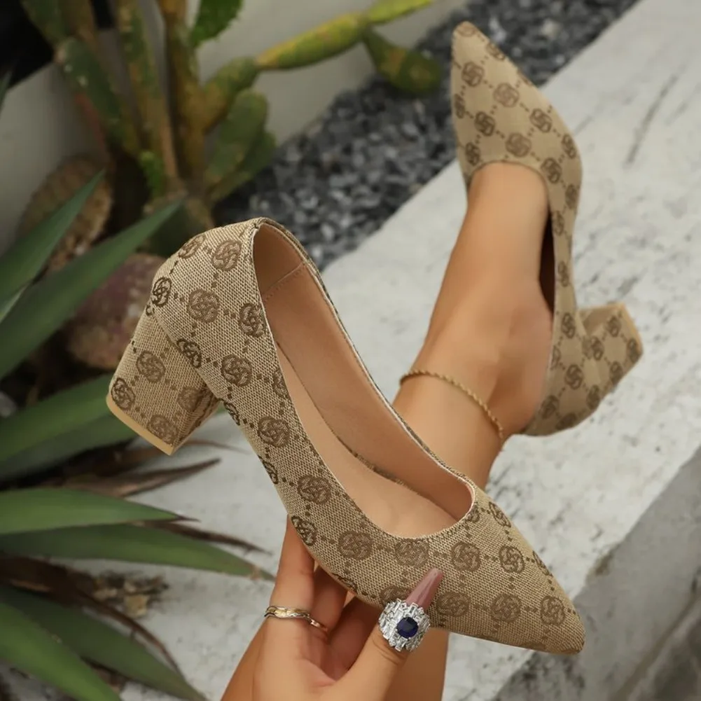 Chaussures à talons hauts pour femmes à bout pointu imprimées de fleurs, style simple, talon carré, confortables, nouvelle collection printemps-automne 2026