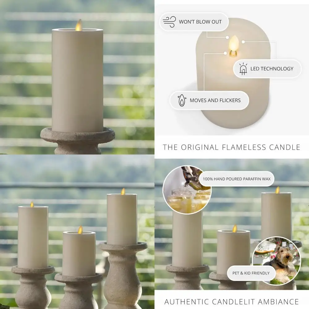 

Свечи-столбики на батарейках с эффектом мерцания - Жемчужно-белые - Набор из 3 штук, высота 6,5 дюймов - Реалистичный воск, для использования в помещении и на улице