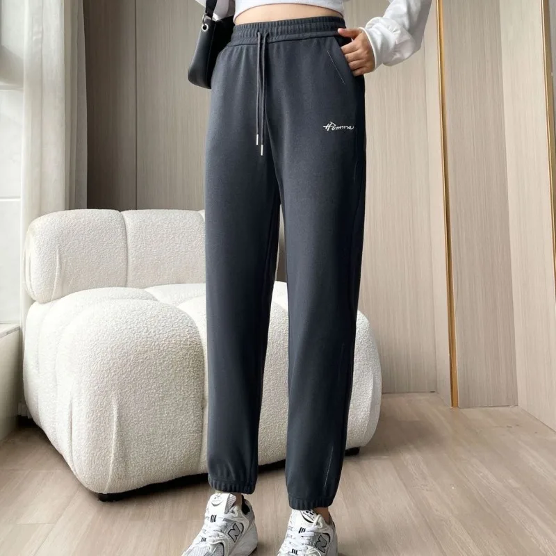 

2023 Autumn and Winter Women's Solid Color Fashion Casual Loose Elastic Waist Drawstring Printed Pocket Small Foot Sports Pants