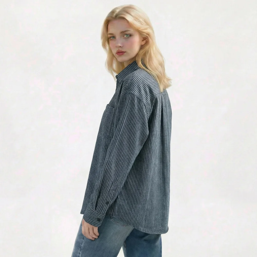 

American Vintage Spring Striped Shirt Women 100% Cotton Blue Plus Size Long Sleeve Casual Blouse