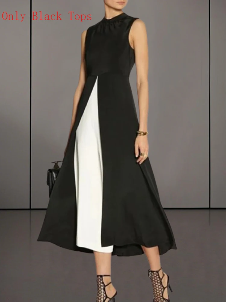 

Elegant Woman Black Long Tops A-Line Loose Solid Color Sleeveless Split Round-Neck Fashion Vest Top Female