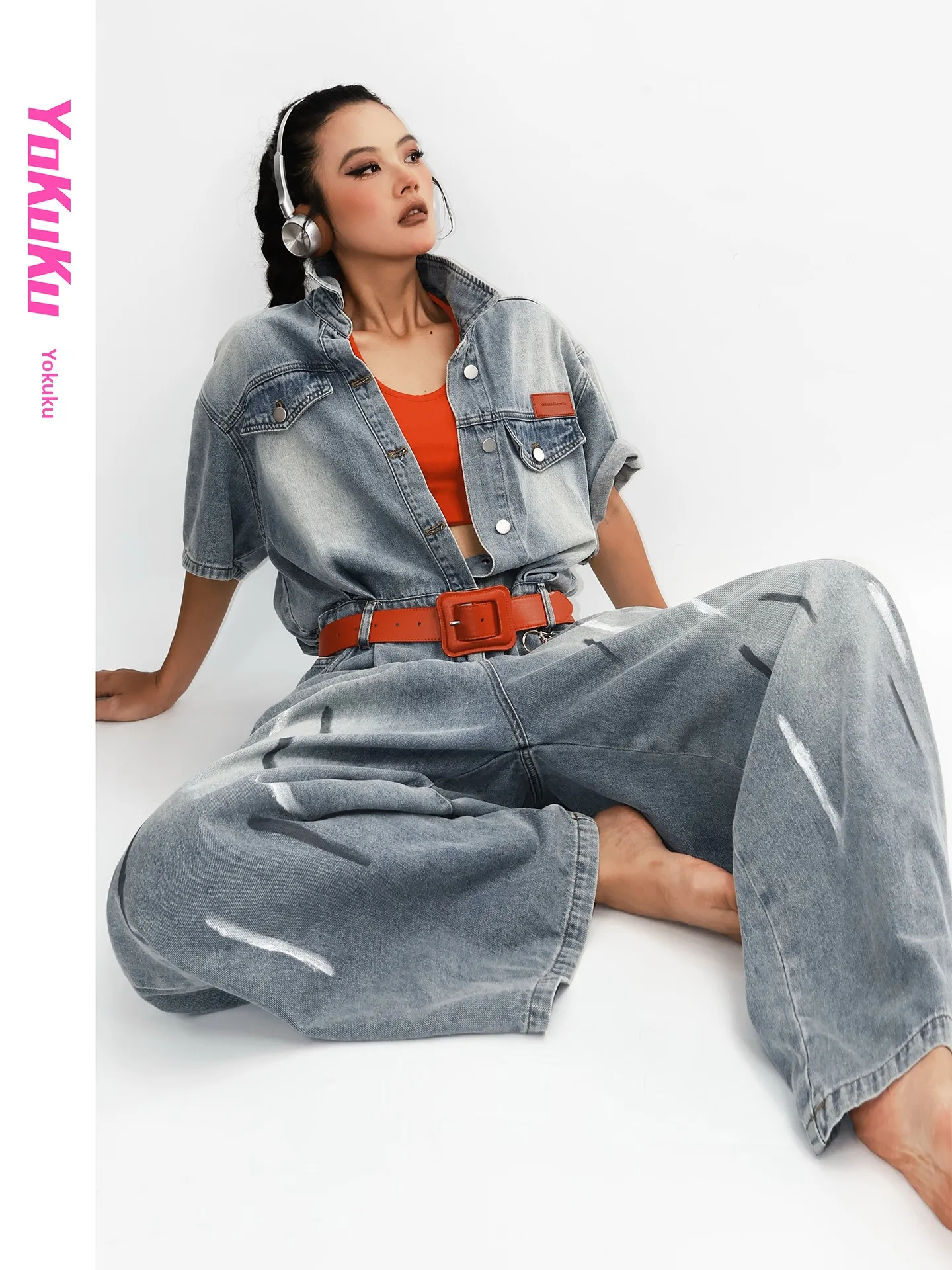 Cool Retro Workwear Denim Jumpsuit Women's  Waist Slimming Personalized Long Cotton Blend Fabric Straight Leg Jumpsuit