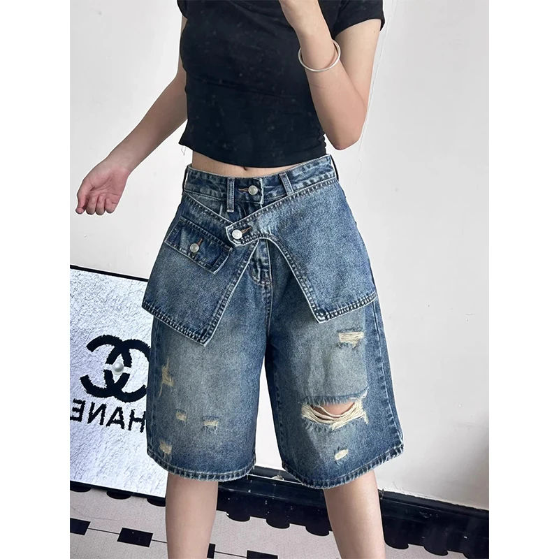 

Niche Curtain Splicing Denim Shorts 2026 Summer New Spicy Girl Loose Versatile Jeans Fashion Blue Ripped Knee Length Pants