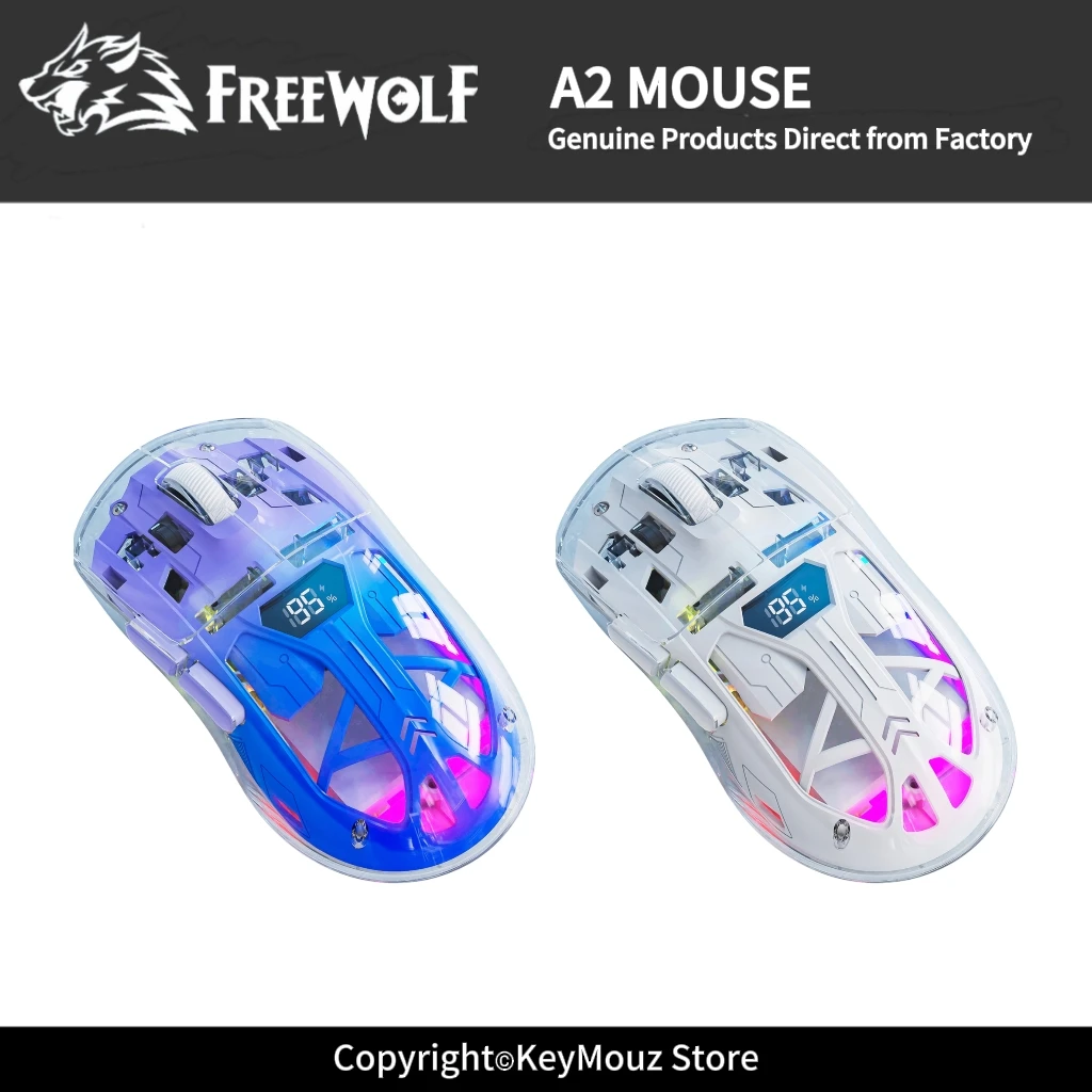 FREEWOLF A2 Wireless Bluetooth Mouse Dual Mode Transparent Shell 5 Speed DPI Silent Digital Display Rechargeable Ergonomic Mice