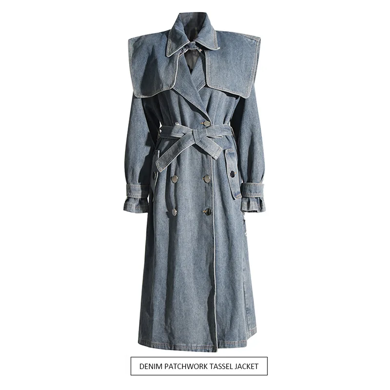 

Women Blue Denim Big Size Long Trench New Lapel Long Sleeve Loose Fit Windbreaker Fashion Tide Spring Autumn 2023