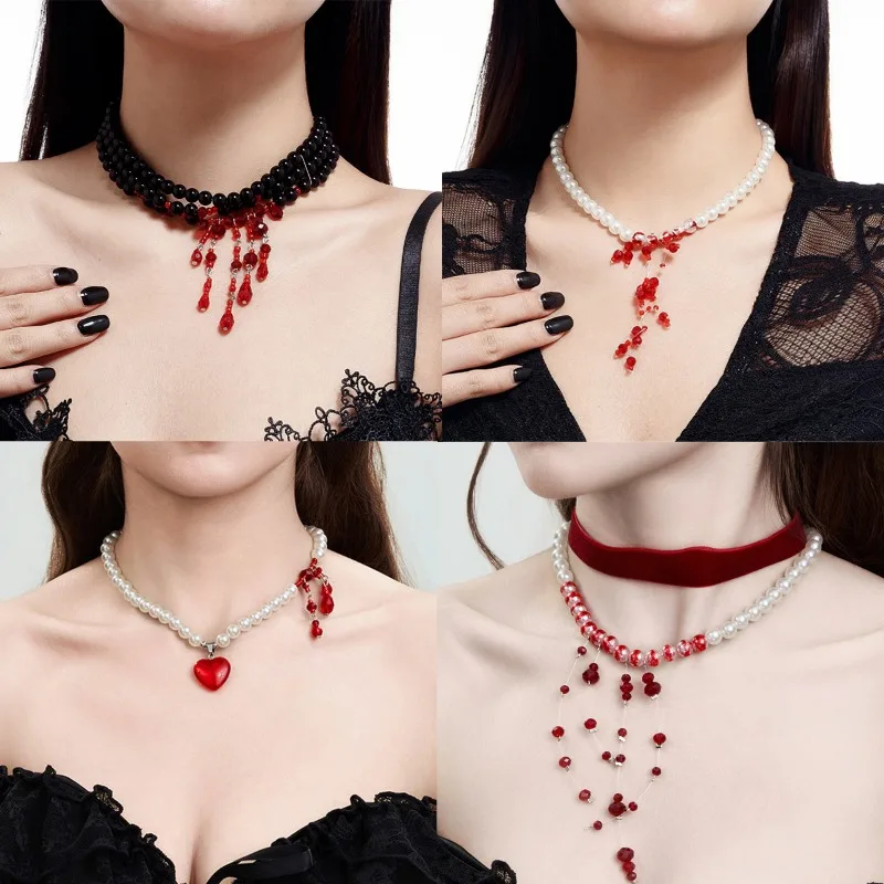 Halloween Jewelry Gothic Style Pearl Necklace Choker Halloween Blood Drop Tassel Crystal Collarbone Chain