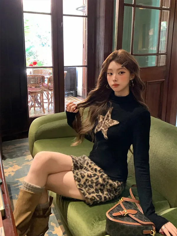 

High Waist Sexy Leopard Print Skirt Lamb Velvet Wrap Bodycon Short Skirt Retro Style A-Line Skirt for Young Women