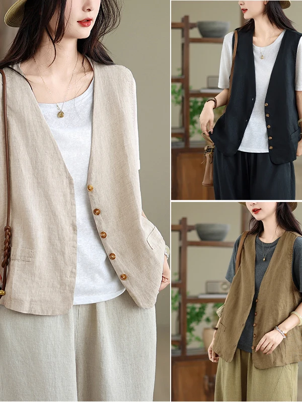

High-End Retro Sand-Washed Sleeveless Vest Women's Summer Artistic Design Open Cardigan Outerwear Casual Loose Fit Breathable