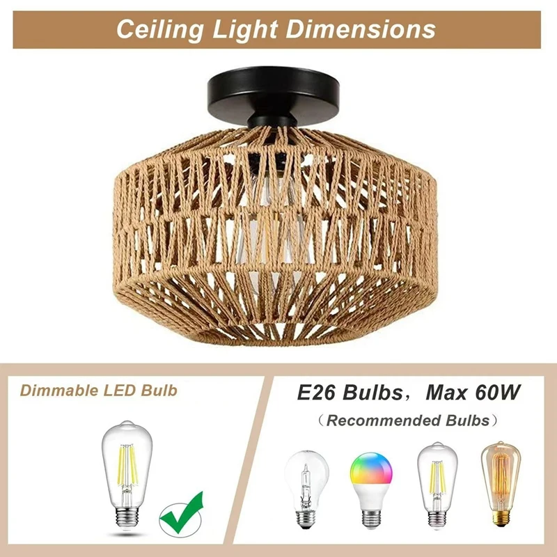 ثريا كلاسيكية للمزرعة الفرنسية - قش وظل منسوج يدويًا مع إطار من الحديد المطاوع، إضاءة سقف ريفية للمقاهي - A50M #6