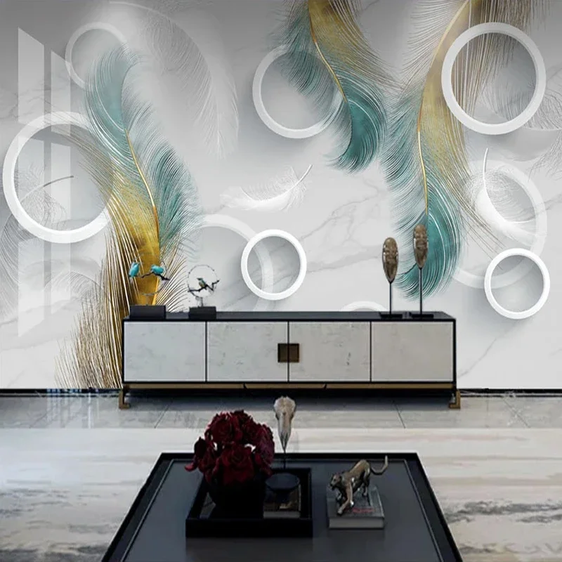 Custom Mural Wall Painting Grey Marble Blue Golden Feather 3D Circles Modern Living Room TV Background Wall Papers Home Decor