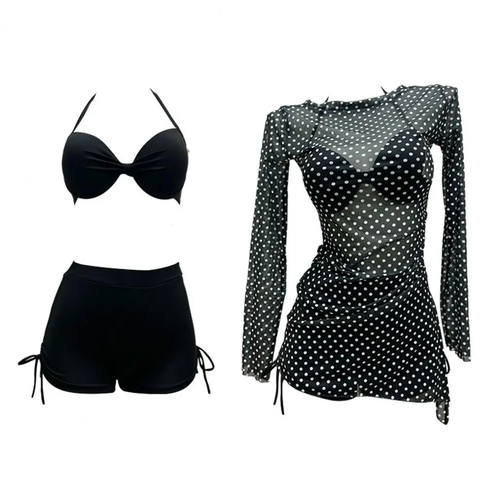 

Breathable Bikini Set 3pcs Women Swimsuit Set Halter Bra with Steel Support High Waist Swimming Trunks Dot Print Cover Up Dress