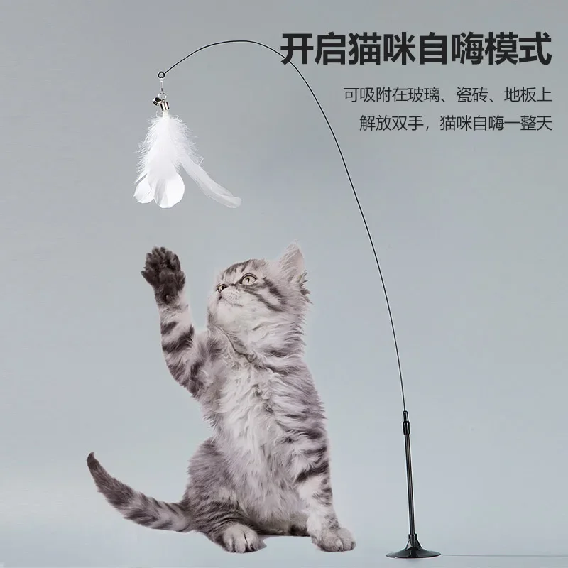 Cat Toy Wire Long Pole Feather Teasing Cat Stick Floor Wall Strong Suction Cup Cat Self Pleasure Relaxation Toys Pet Supplies