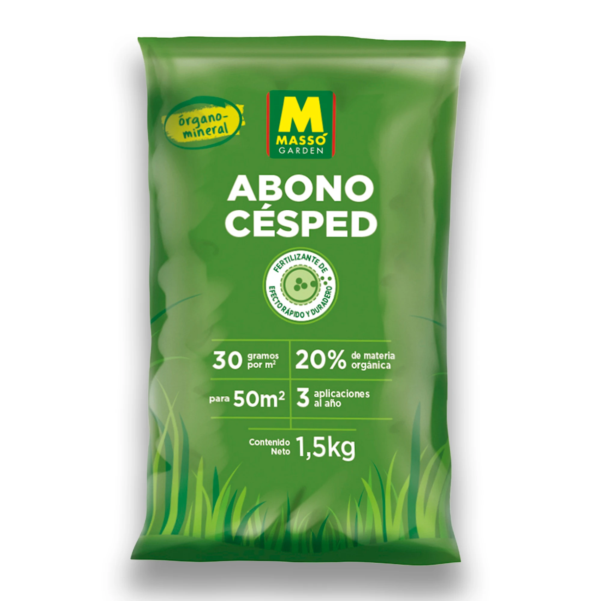 Abono Césped PROFESIONAL de Altísima Eficacia para el crecimiento de tu Cesped, Resistencia y Reverdecimiento |  Verde intenso garantizado | 1,5 KG para 50 m2 con 20% materia orgánica y mineral |