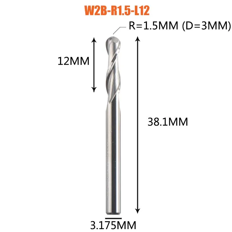 Dreanique 1Pc Carbide Kogelneus Einde Frees 2 Fluiten R0.5-R4.0 Einde Molen Router Bit Voor Hout En Aluminium W2b