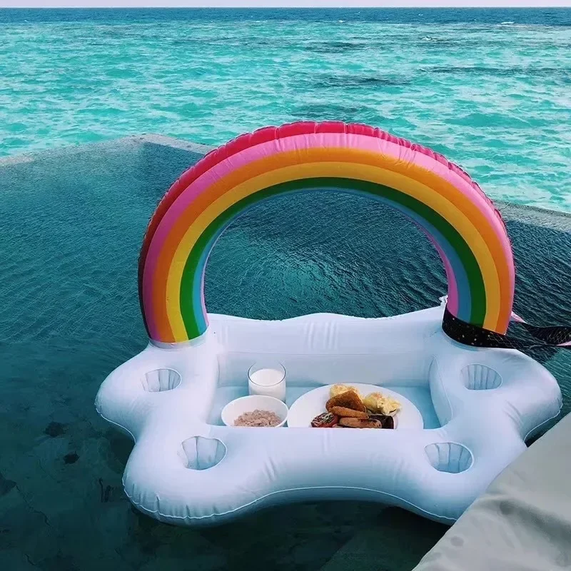 Swimming Pool Floating Table Summer Party Water Bucket Rainbow Cloud Cup Holder Swimming Pool Inflatable Bed Beer Ice Bucket