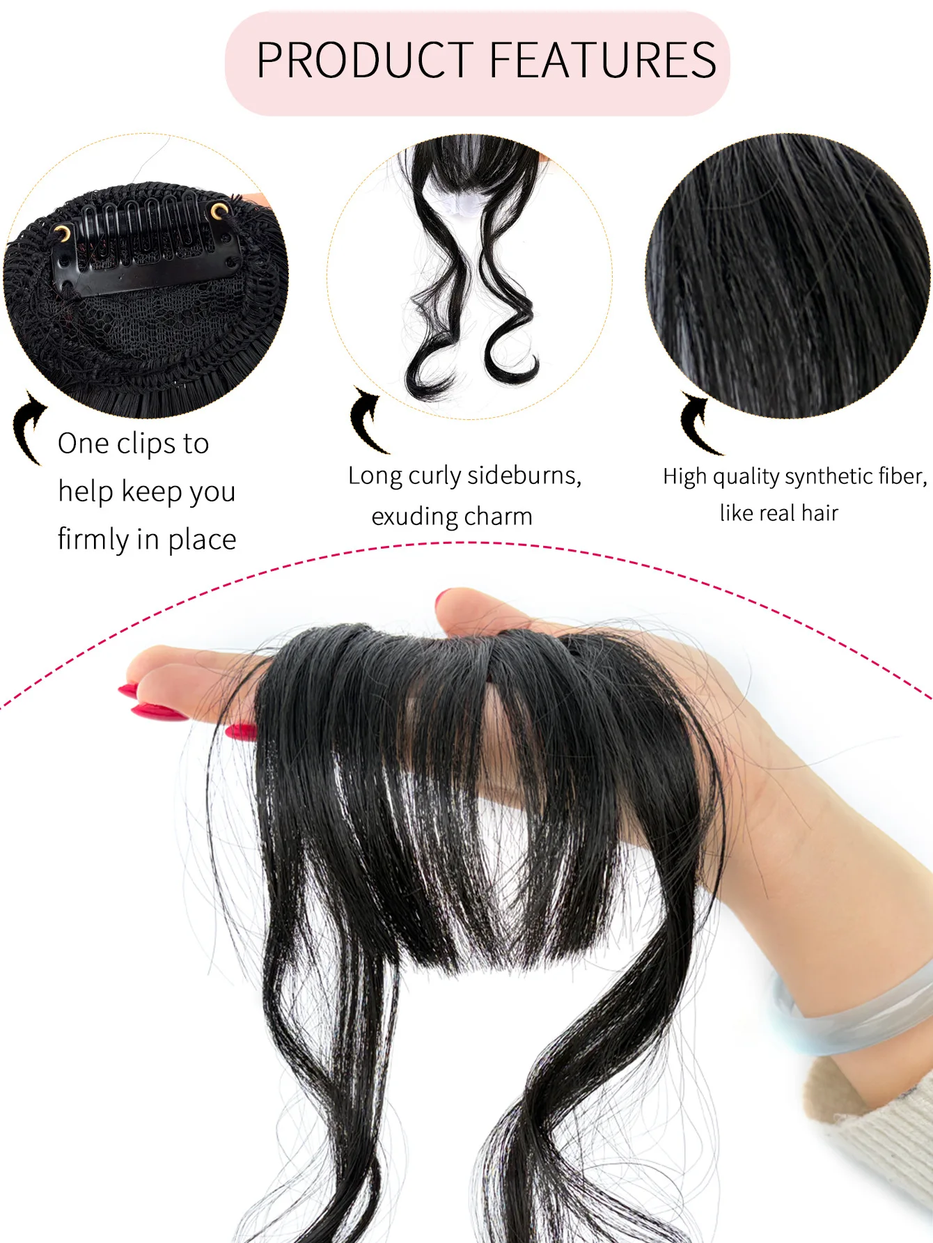 Natural Forehead Hairline Clip on Bangs Curl Air Bangs Synthetic Hairpiece Clip on Front Neat Bangs