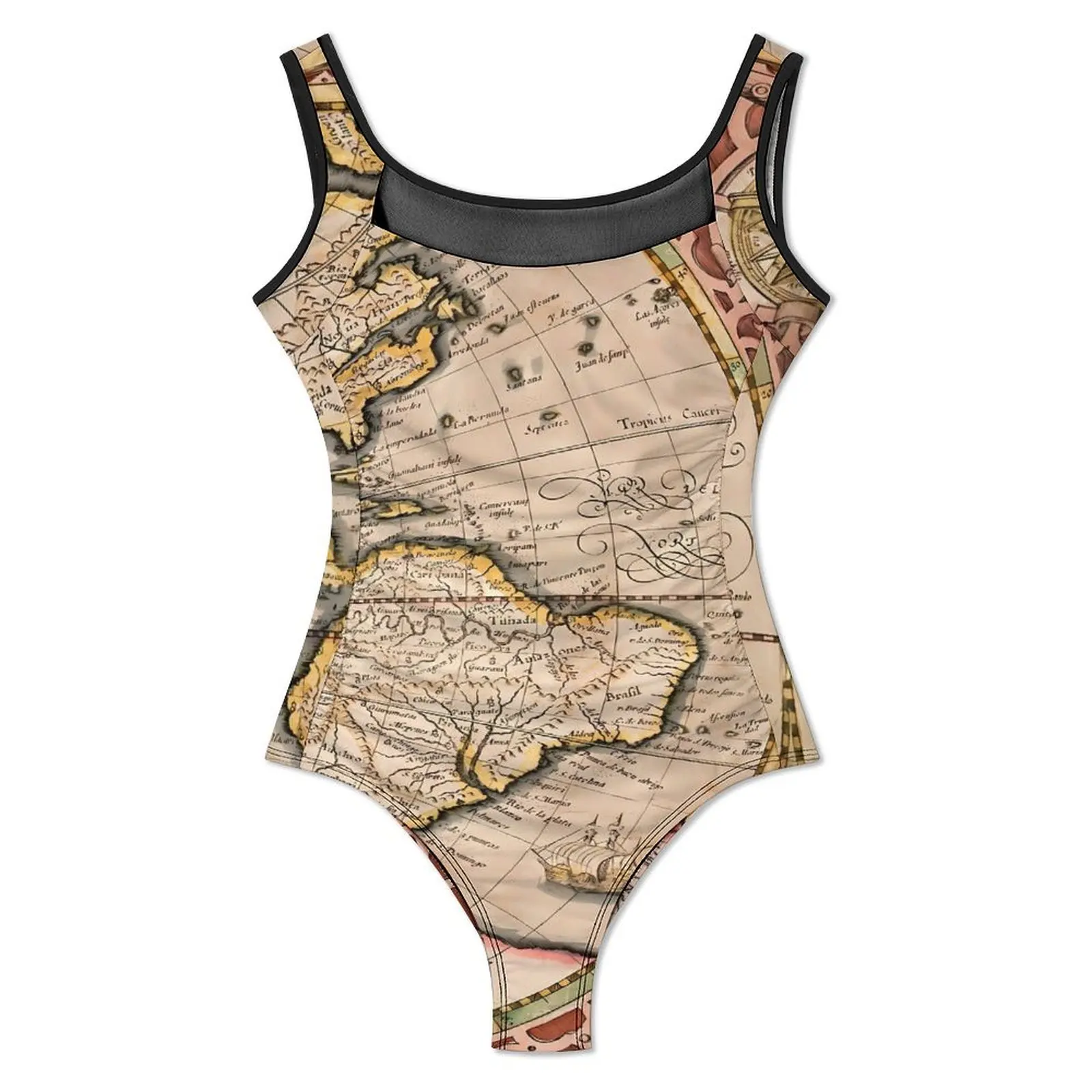 Vintage World Map Swimsuit Maps Print One Piece Swimwear Push Up Trendy Bathing Suits Sexy Holiday Swim Printed Beach Wear