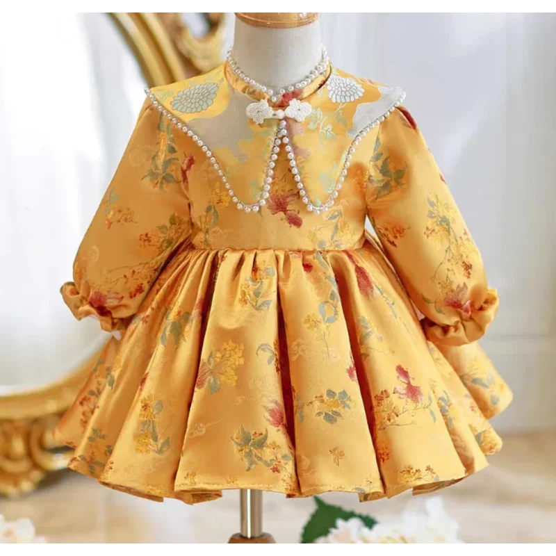 

Girls' New Style First Birthday Party Graduation Season Eid Embroidered Shawl Pearl High-Quality Princess Dress