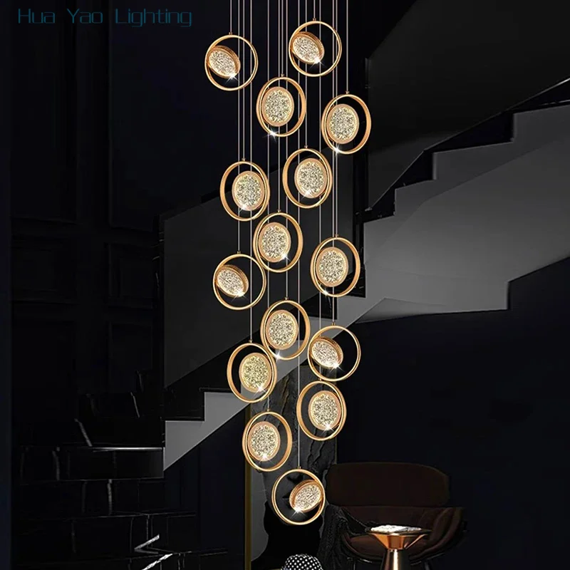 Nordic Luxury Staircase Crystal Chandelier Interior Decoration Pendent Lamp Living Room Villa Ceiling Chandelier Luster Lighting