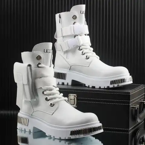 2025 White Men's high-top winter velvet warm British medium motorcycle thick-soled Boots