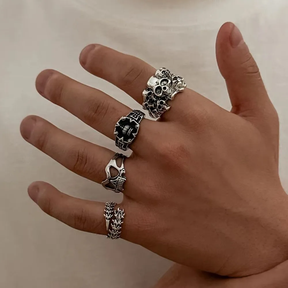 SHIXIN 4Pcs/Set Gothic Creative Skull Ring Men Hip-Hop Punk Stack Silver Color Adjustable Open Rings Halloween Jewelry Accessory