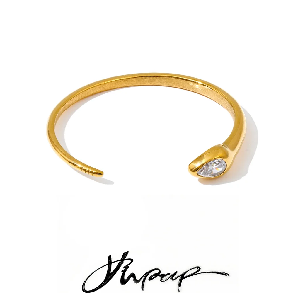 Yhpup 60mm Minimalist Stainless Steel Zirconia Snake Shape Cuff Bracelet Bangle 18K Golden Plated Arrivals Jewelry Gift