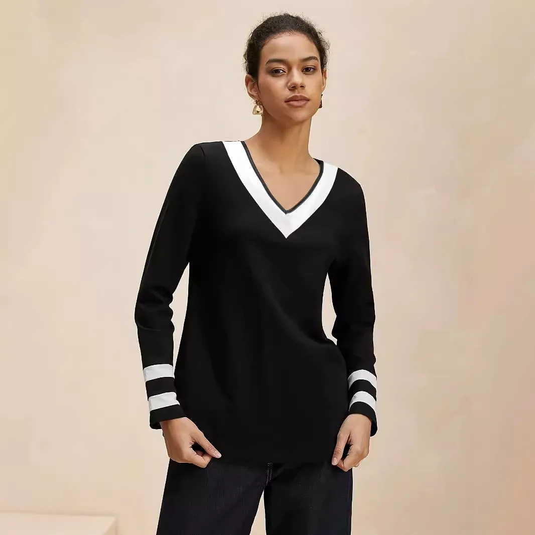 

Women Top Stripe Print T Shirt 2025 Autumn Winter V Neck Full Sleeve Tees Patchwork Office Lady Casual Female Basis Tops
