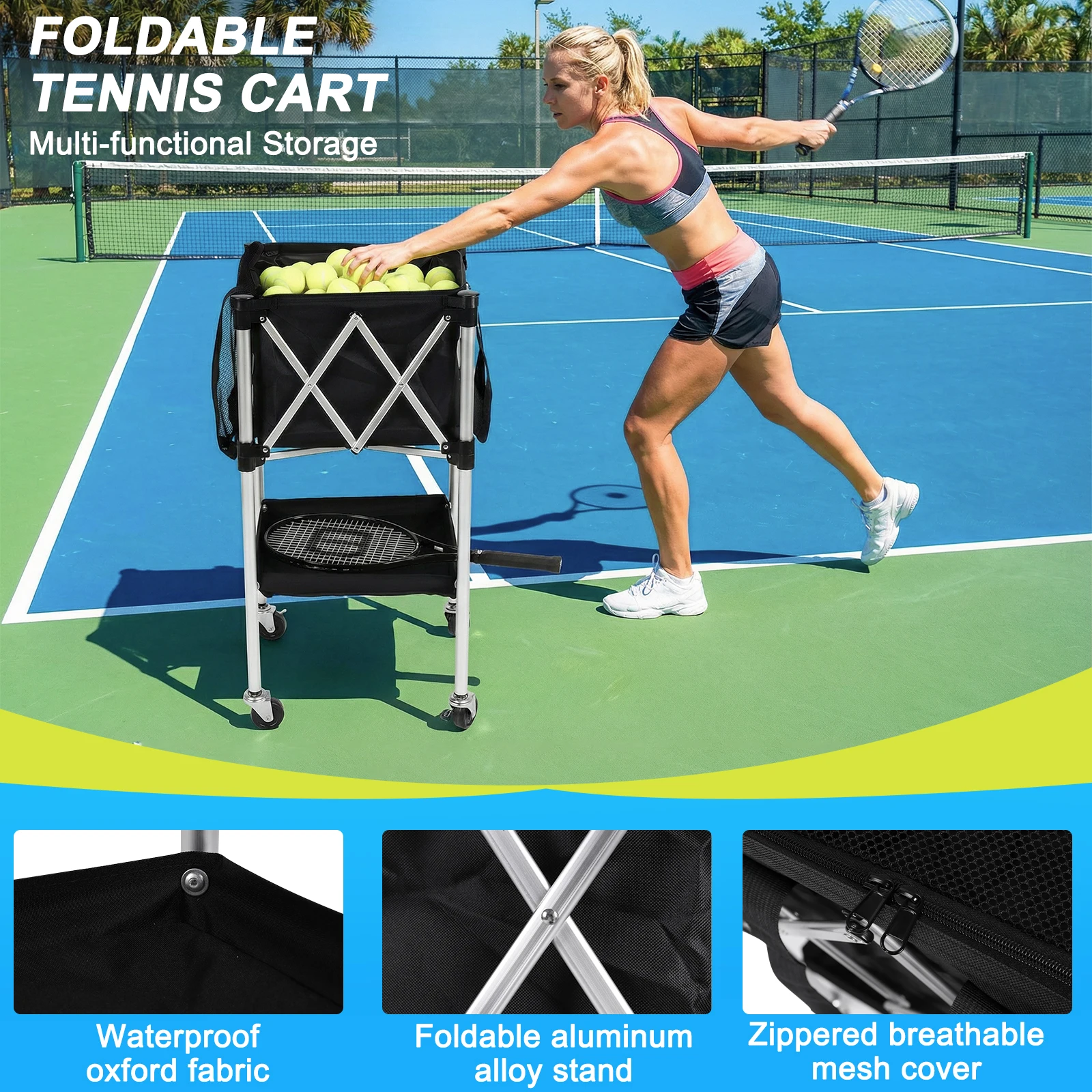

Sports Teaching Cart Foldable Tennis & Pickleball Hopper with Wheels with Storage Bag for Training/Teaching