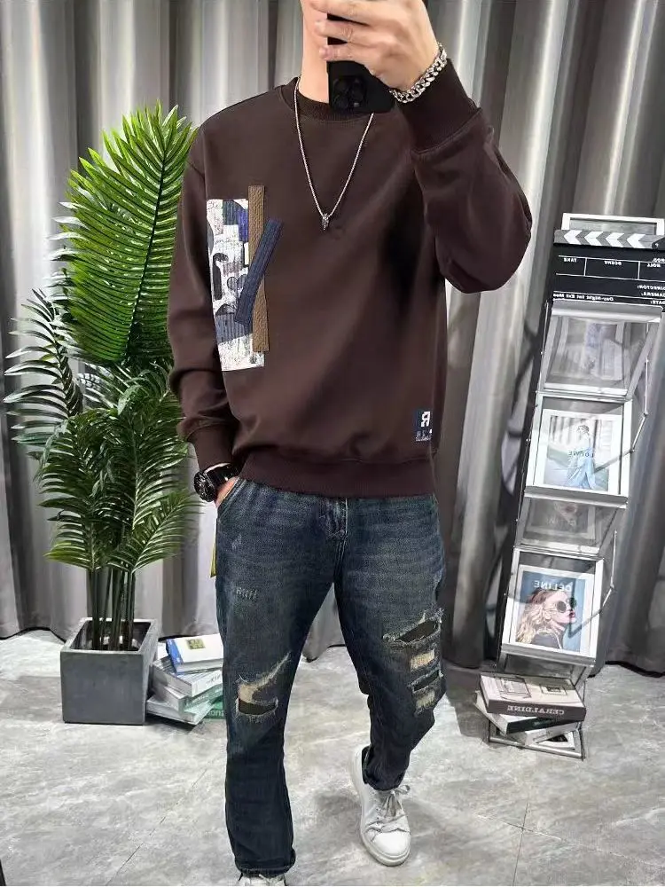 트렌디한 패치 프린트 라운드넥 루즈핏 캐주얼 남성 풀오버