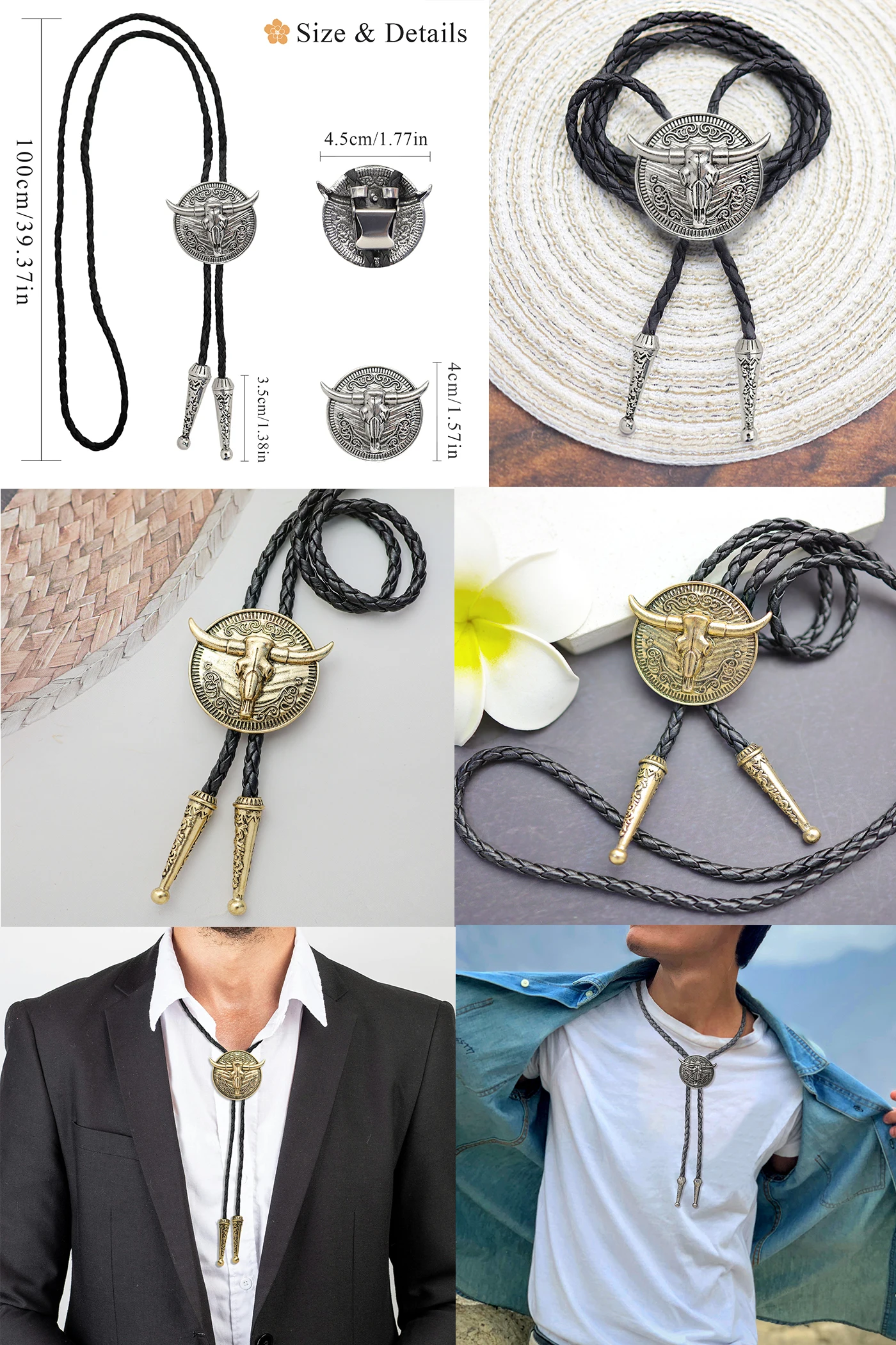 Neuheit Western Cowboy Bolo Krawatte für Herren Kuh Schädel Design Schwarz Leder Seil Vintage Krawatte Bull Kopf Anhänger Damen Schmuck – Detail 2