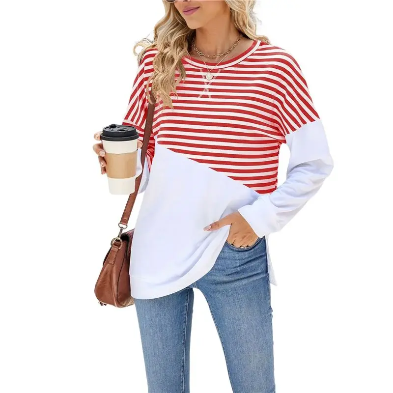 

CYL-Womens Striped Color Block Tunic Side Spring Long Sleeve T-Shirts Sweatshirt Crewneck Loose Trendy