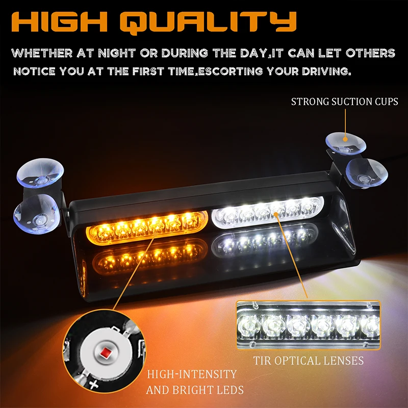 2Pcs LED Emergency Strobe Warning Dash Light Bar Amber&White Flashing Safety Lights with Suction Cups for Police Truck Vehicles