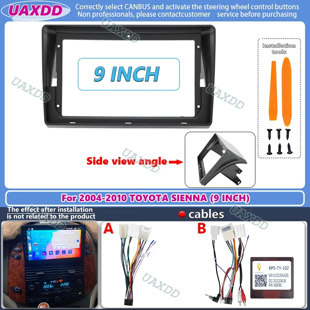 Para 2004-2010 TOYOTA SIENNA 9 pulgadas 2 Din Interior del coche radio estéreo Android marco Kit panel centro fascia arnés de cables caja canbus